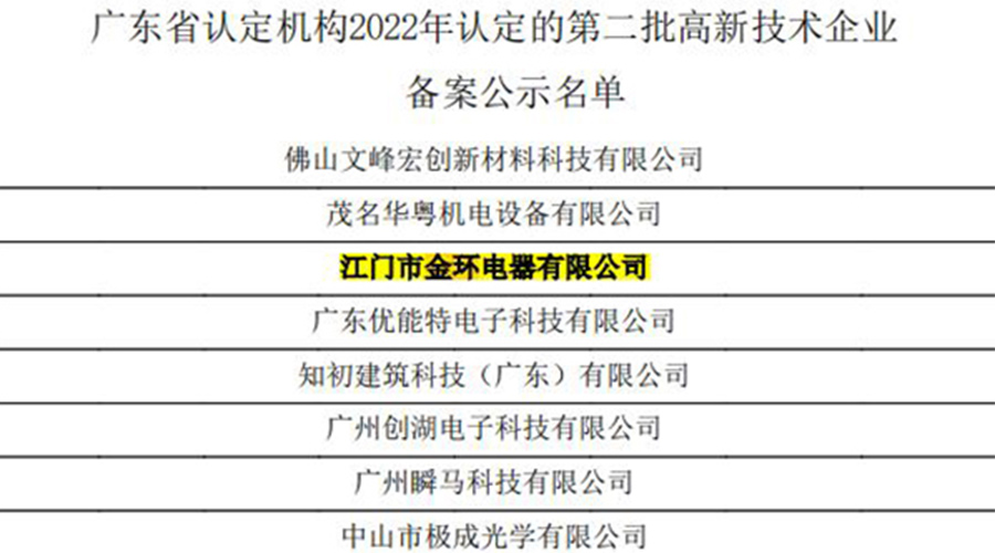 好消息！金環(huán)電器再次通過國家級“高新技術企業(yè)”認定